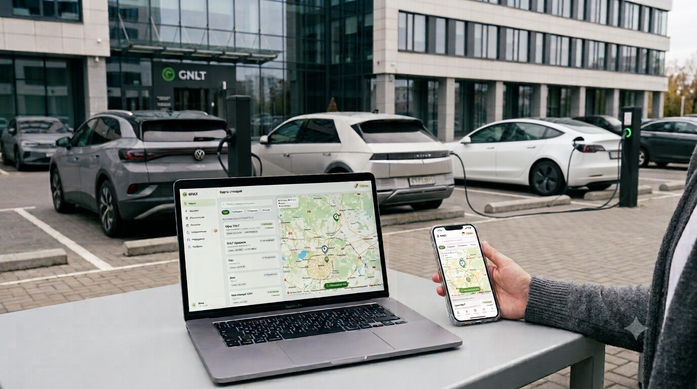 Платформа GNLT на ноутбуке и смартфоне: карта зарядных станций, рядом электромобили на зарядке у бизнес-центра