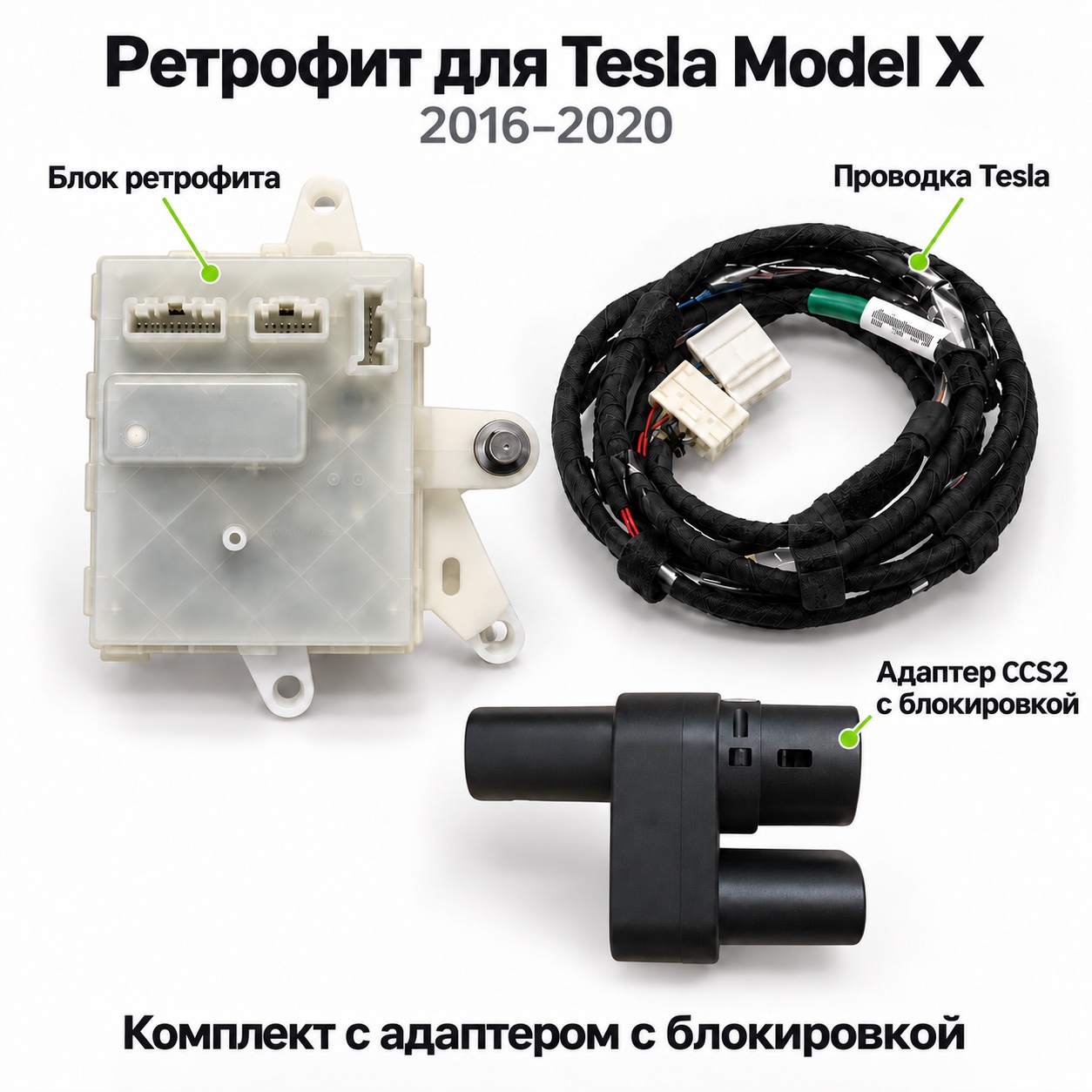 Состав ретрофита CCS2 для Tesla Model X 2016–2020: блок Tesla, проводка и адаптер CCS2 с блокировкой