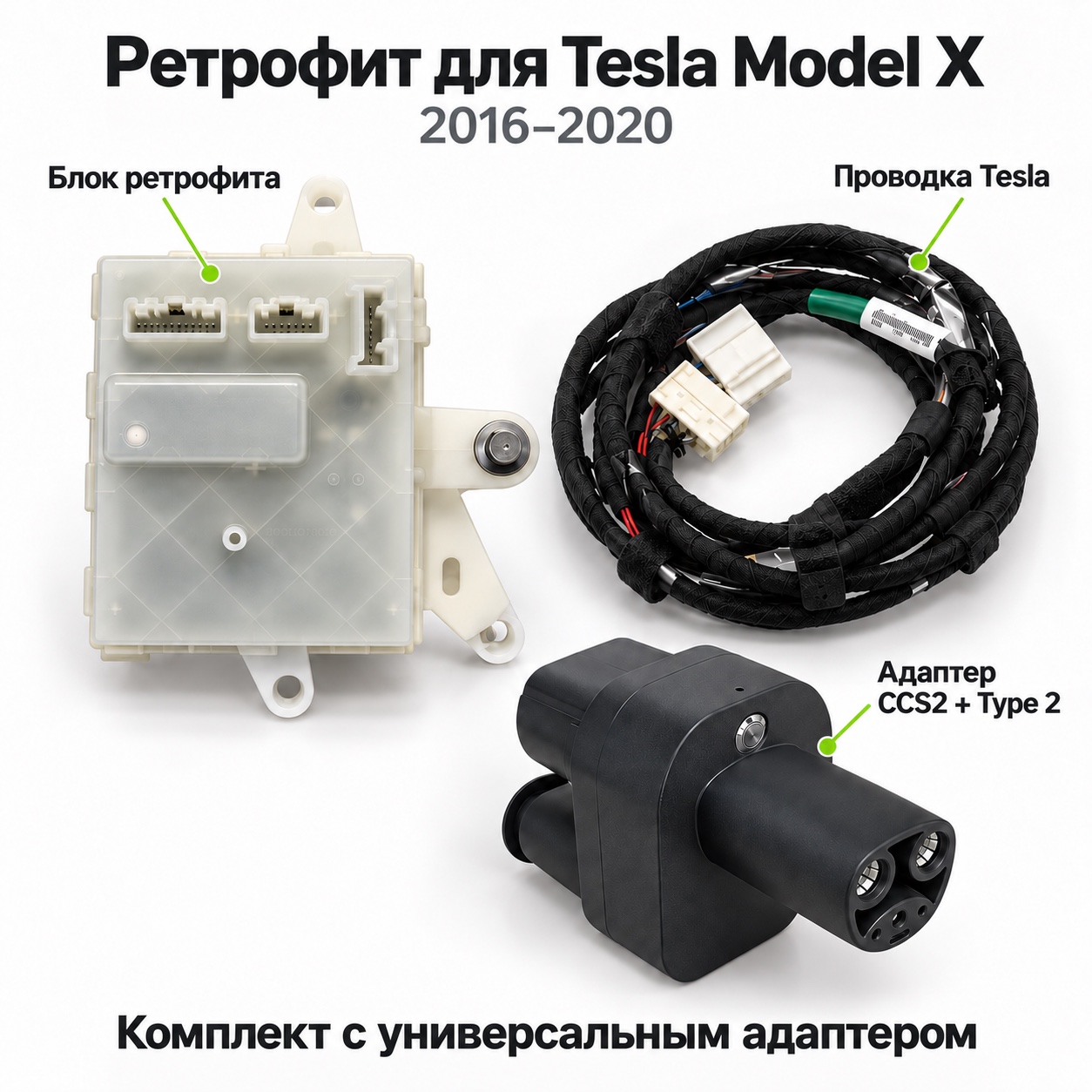 Состав ретрофита CCS2 для Tesla Model X 2016–2020: блок Tesla, проводка и универсальный адаптер CCS2 и Type 2