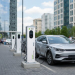коммерческая зарядная станция с двумя коннекторами Type2 и GB/T мощностью по 22 кВт GNLT AC CK 44kW T2 заряжает электромобиль в городе