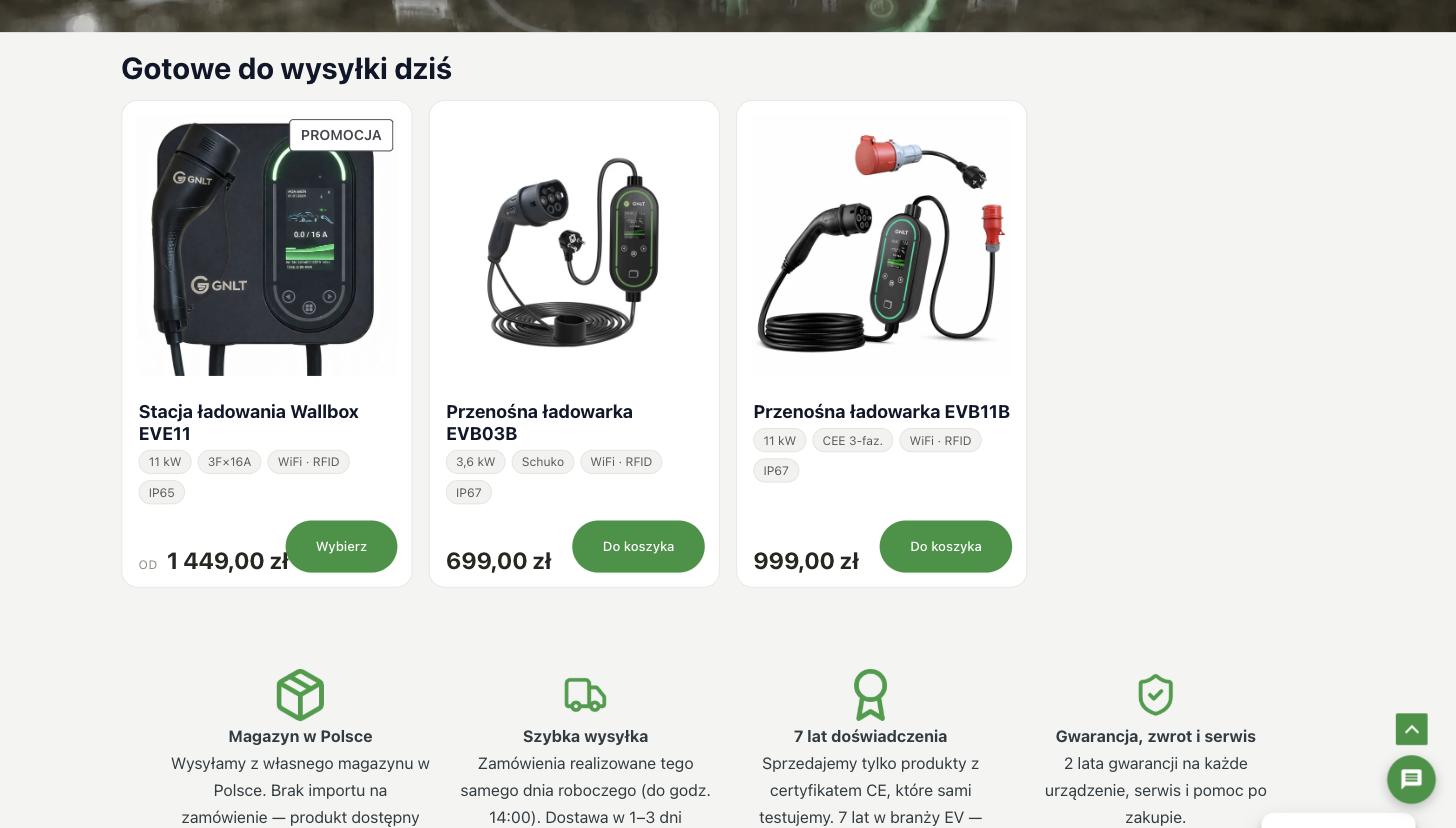 Ассортимент зарядных устройств GNLT на сайте партнёра в Польше