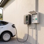 Настенная зарядная станция GNLT EVB заряжает электромобиль, рядом щиток с измерителем нагрузки для балансировки