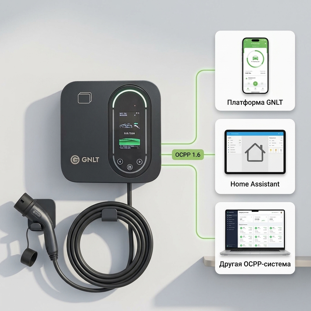Настенная зарядная станция GNLT EVB подключается по OCPP 1.6 к платформе GNLT, Home Assistant или другой системе управления